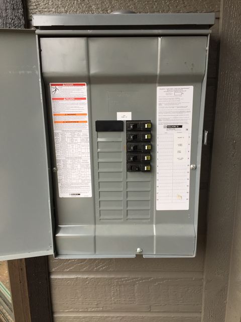 Electrical sub-panel with cover open showing labeled breakers