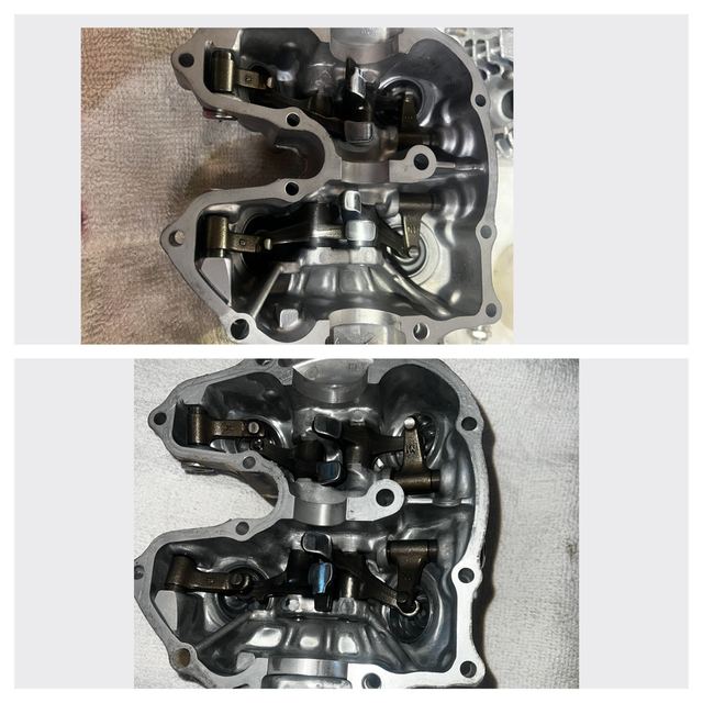 Motorcycle cylinder head with rocker arms, before and after cleaning comparison